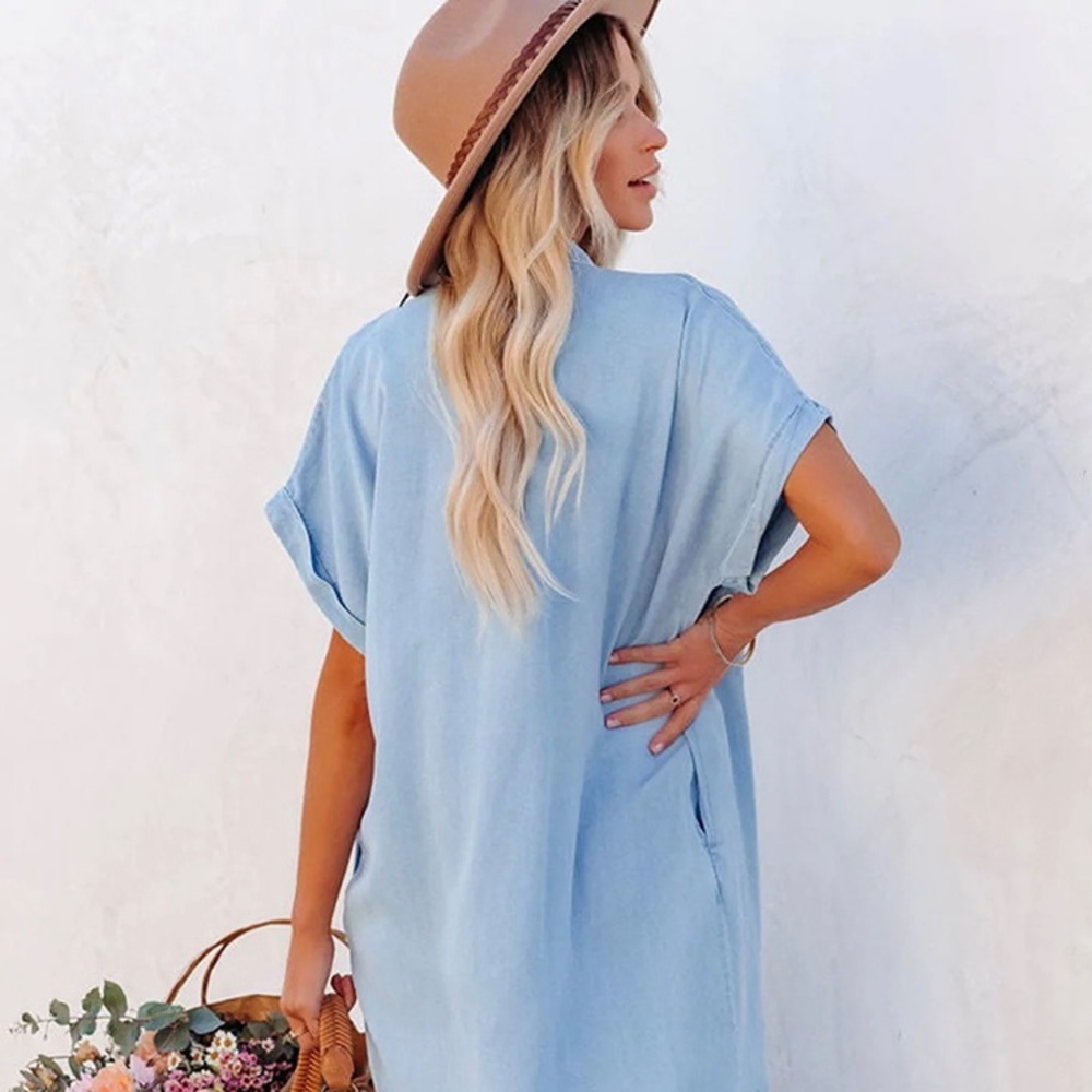 Shirt Collar Bell Sleeve Button Dress - Picture 2 of 5